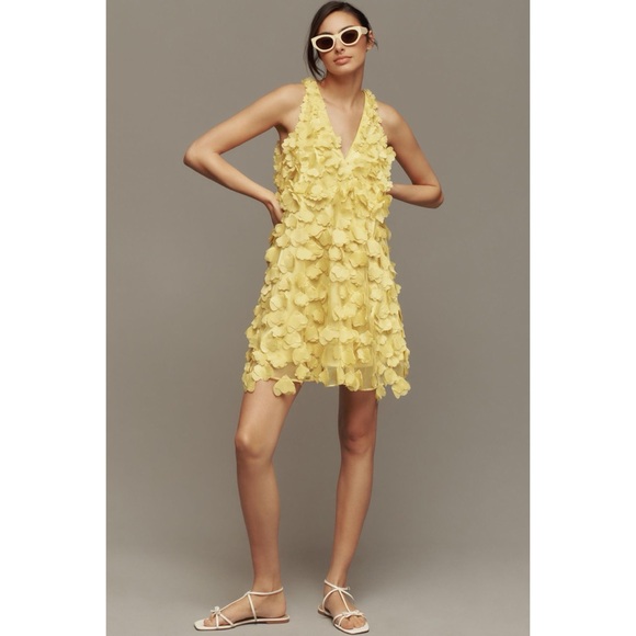 Anthropologie Maeve Sleeveless 3D Floral Appliqué Mini Dress in Canary Yellow - Picture 4 of 12